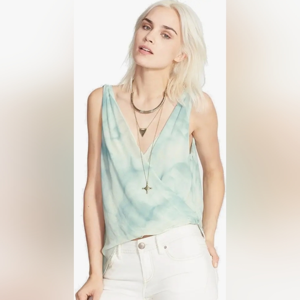 NWT Free People Blue Sea Asymmetric Hem Sleeveless Wrap Blouse Size Medium